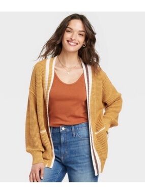 Universal Thread Mustard Open-Front Waffle Cardigan with Cream & Brown Trim